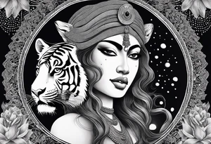 durga goddess, riding a tiger, kali, pirate, pachamama, chest tatoo, lotus, piarte tattoo idea