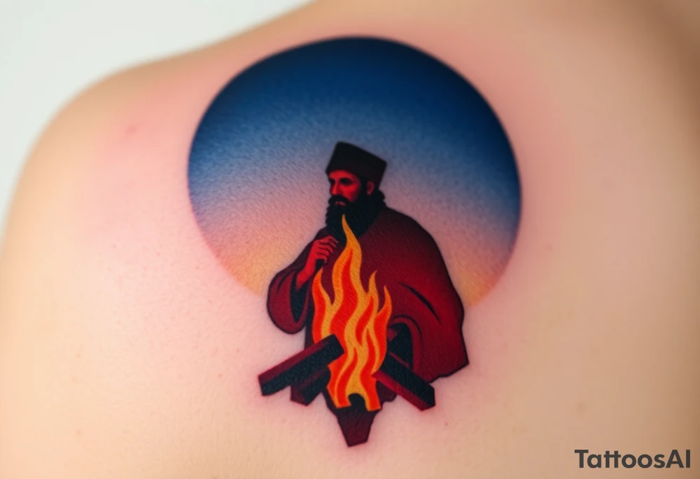 A silhouette of Jan Hus standing before a bonfire, with fiery orange and red shades blending into a deep blue sky. tattoo idea