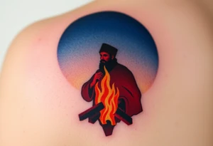 A silhouette of Jan Hus standing before a bonfire, with fiery orange and red shades blending into a deep blue sky. tattoo idea