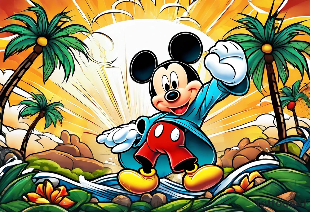 mickey mouse doing martial arts with palm trees, lightning storm and the celtic symbol for family tattoo idea