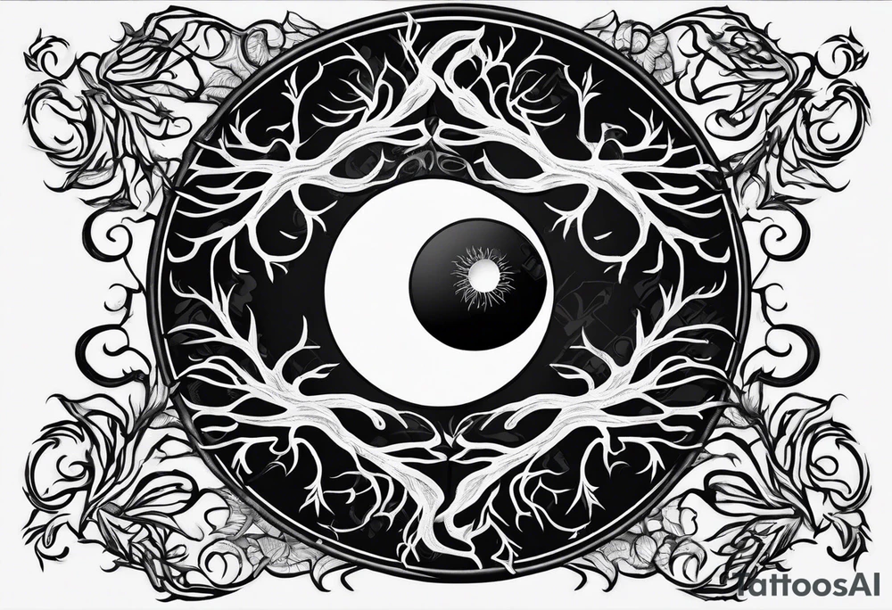Yin and yang symbol formed by interconnected tree roots tattoo idea