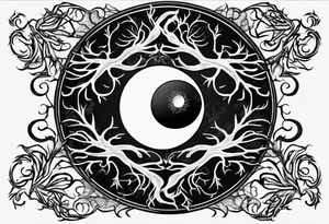 Yin and yang symbol formed by interconnected tree roots tattoo idea