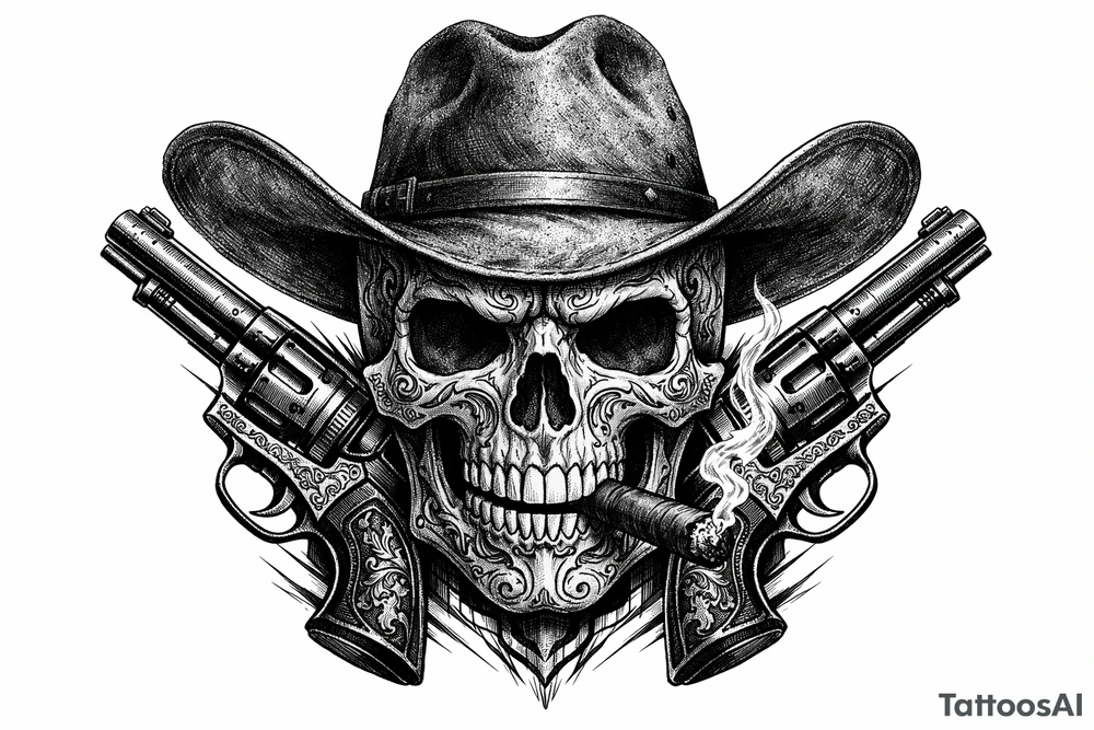 Close-up skull, ornate engraving, Stetson hat, cigar, revolvers framing face tattoo idea