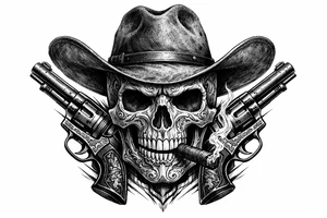 Close-up skull, ornate engraving, Stetson hat, cigar, revolvers framing face tattoo idea
