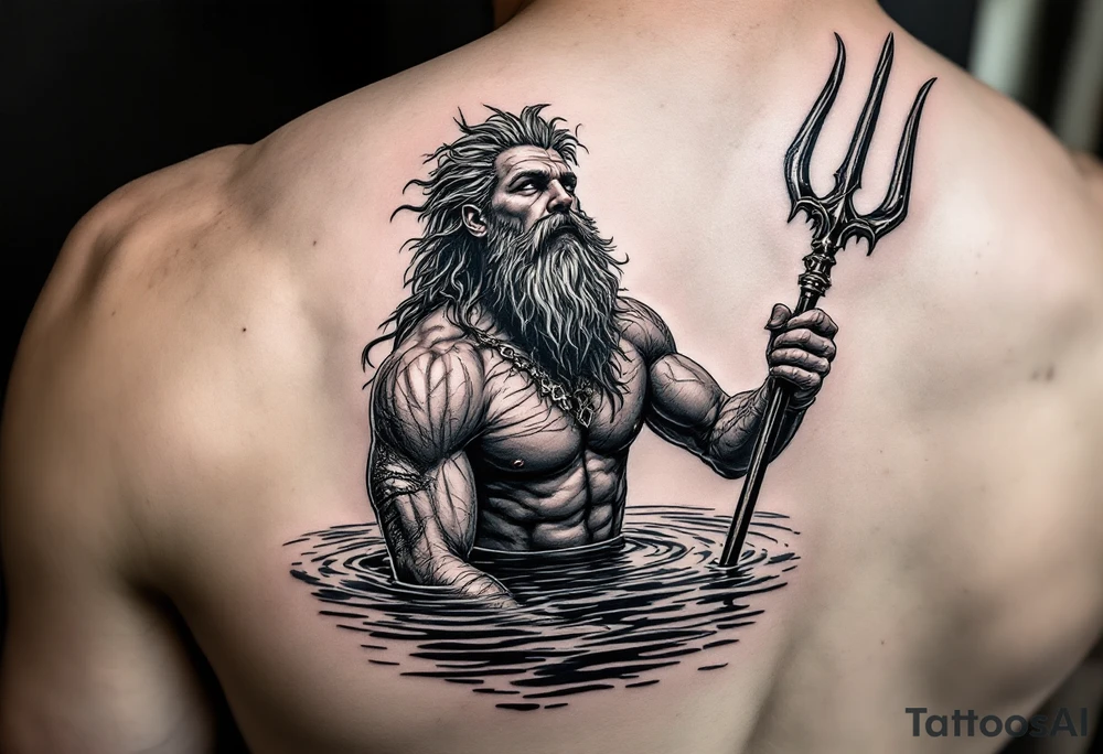 young, fit poseidon in calm water, holding a trident, holding a beer, looking at the sky tattoo idea