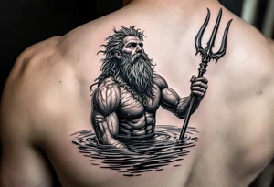 young, fit poseidon in calm water, holding a trident, holding a beer, looking at the sky tattoo idea