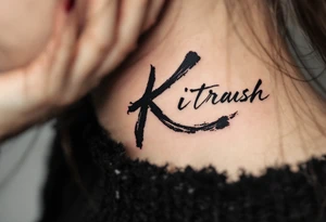 Brushstroke K painted with bold black ink, Japanese sumi-e style with subtle red stamp mark in the corner. tattoo idea