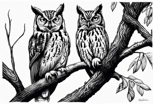 eastern screech owl on tree tattoo idea