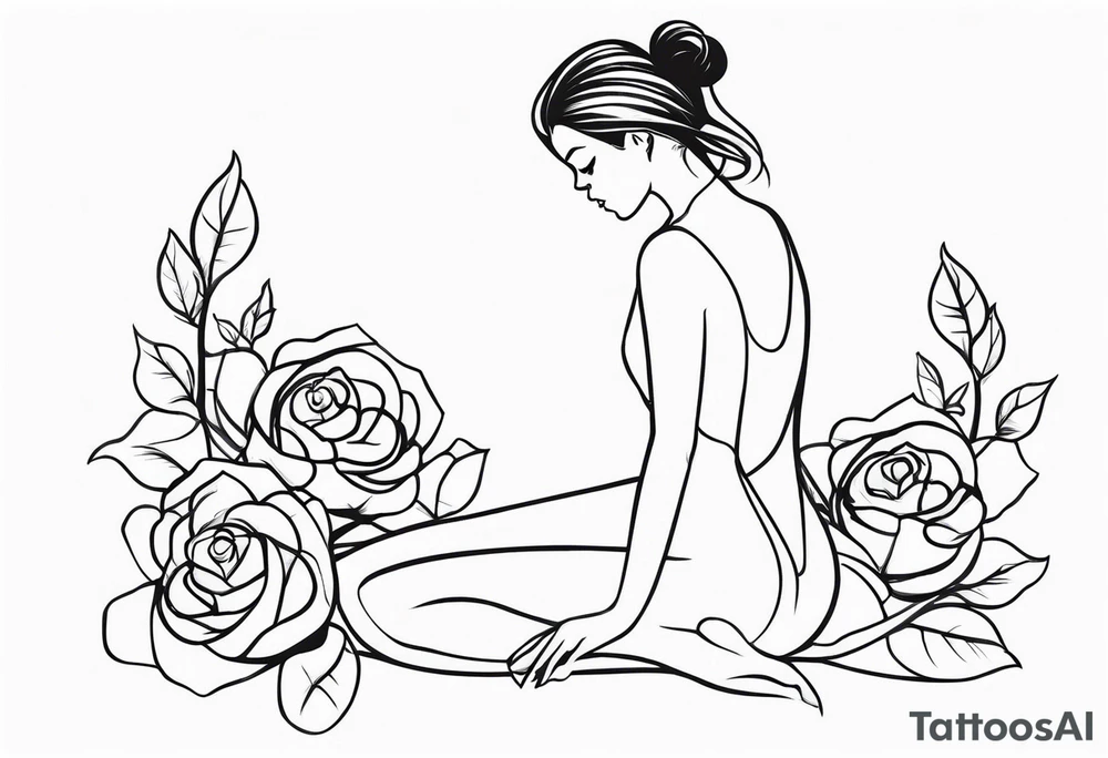 Bloomed rose attached with female body, kneeling tattoo idea