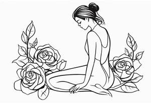 Bloomed rose attached with female body, kneeling tattoo idea