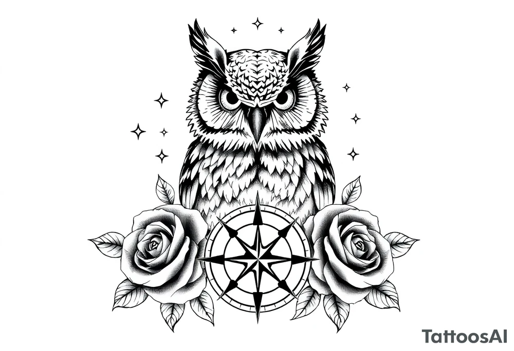 an owl,compass,roses,stars. tattoo idea