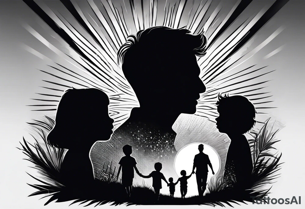 chest and sleeve sun rays with road and dad, daughter and son silhouette tattoo idea