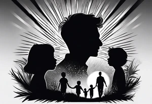 chest and sleeve sun rays with road and dad, daughter and son silhouette tattoo idea