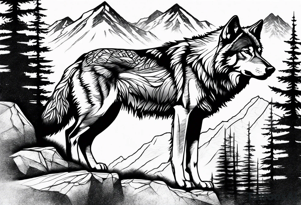 Mountains, wolf in it tattoo idea