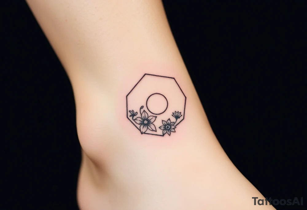 Faint Hexagon with astrological sign for Leo, larkspur and water lilies in the center tattoo idea