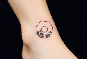 Faint Hexagon with astrological sign for Leo, larkspur and water lilies in the center tattoo idea