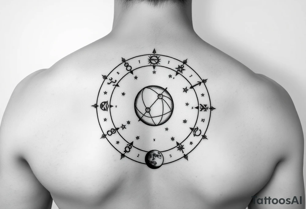 Zodiac constellation with Jupiter mars and the moon with lots of stars tattoo idea