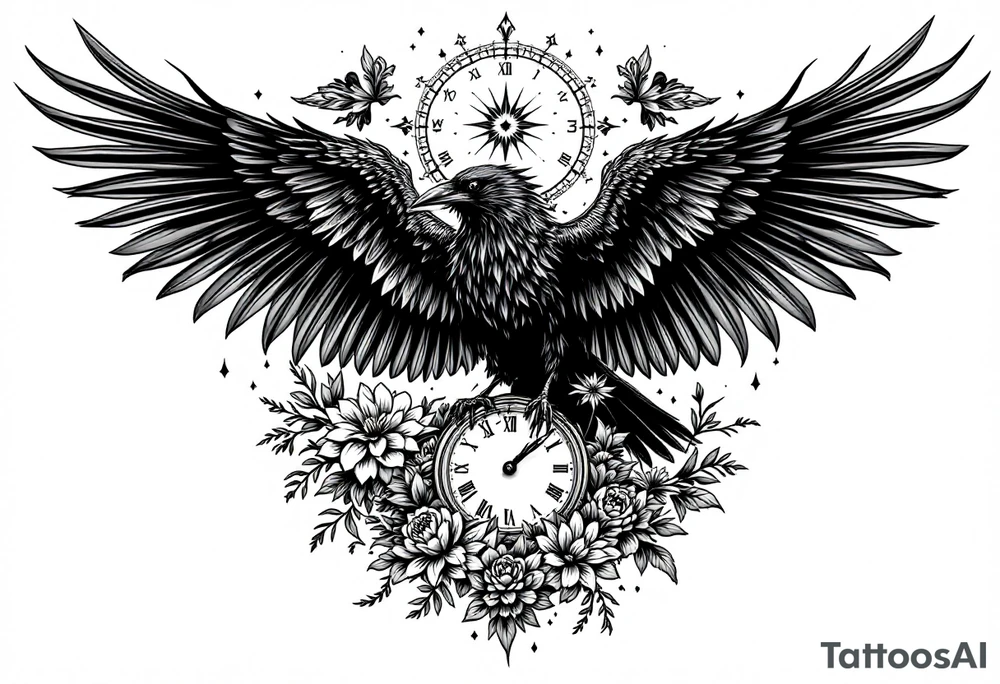 mandala winged black raven surrounded by flowers standing on a clock face tattoo idea