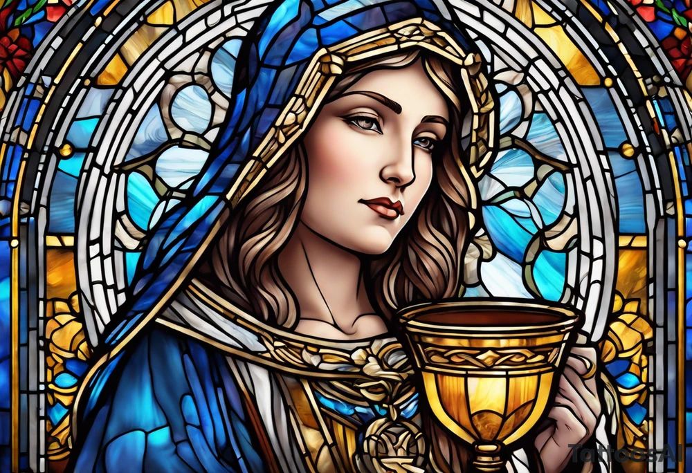 holy saint woman with halo stained glass holding a chalice with artillery tattoo idea