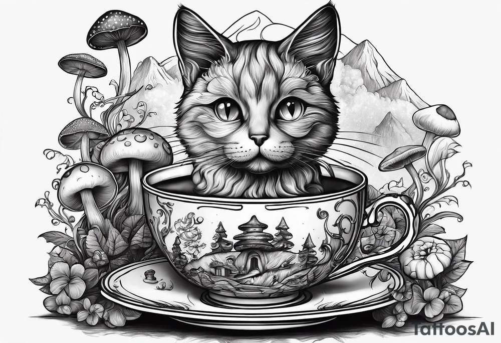 A mysterious cat with a hot mushrooms cup of tea tattoo idea