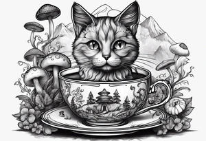 A mysterious cat with a hot mushrooms cup of tea tattoo idea