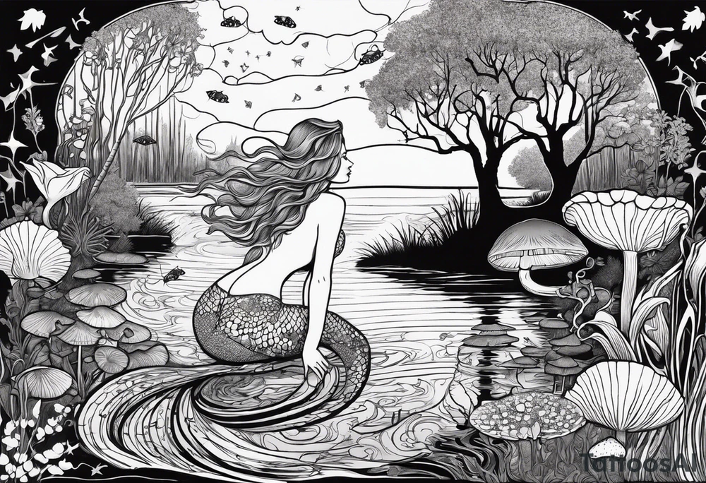 A Mermaid silhouette surrounded by musical notes in a bayou that has cypress trees, mushrooms, lily pads, frogs, and bugs tattoo idea