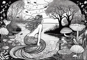 A Mermaid silhouette surrounded by musical notes in a bayou that has cypress trees, mushrooms, lily pads, frogs, and bugs tattoo idea