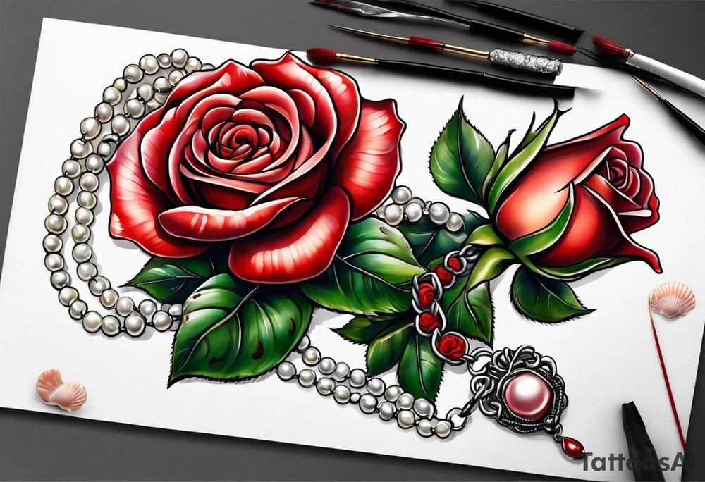 Red rose with a chain made of pearls and a seashell tattoo idea
