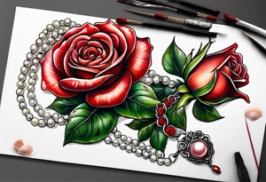 Red rose with a chain made of pearls and a seashell tattoo idea