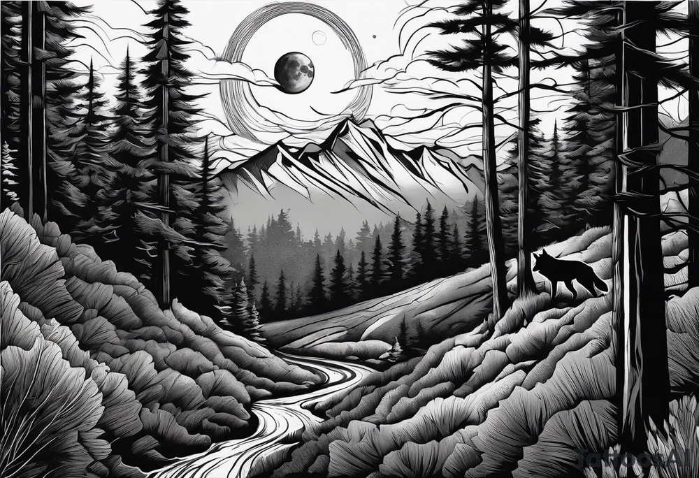 Half sleeve from shoulder
Peaks of mountains with a moon behind it
Dark woods below the mountains with a narrow trail with two wolves on bottom of the trails tattoo idea
