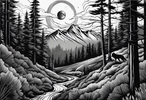 Half sleeve from shoulder
Peaks of mountains with a moon behind it
Dark woods below the mountains with a narrow trail with two wolves on bottom of the trails tattoo idea