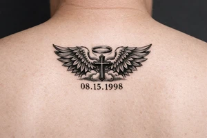 A tattoo with wings or something similar, with a date, because my mother passed away many years ago, on the arm tattoo idea