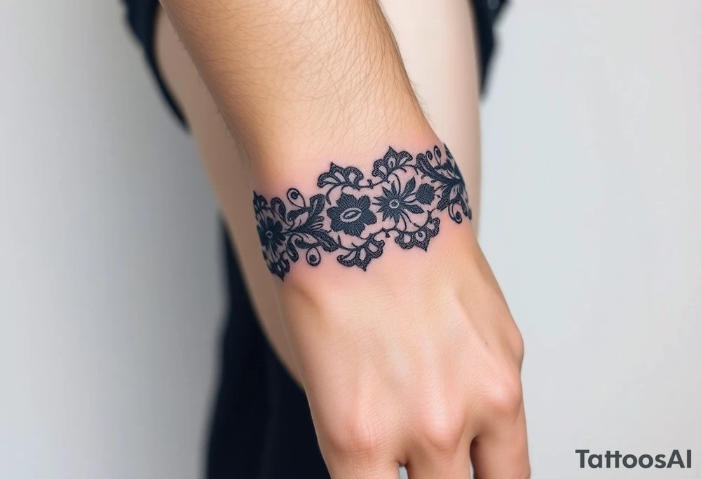 A delicate black lace band wrapped around the wrist, featuring intricate floral and filigree patterns tattoo idea
