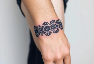 A delicate black lace band wrapped around the wrist, featuring intricate floral and filigree patterns tattoo idea