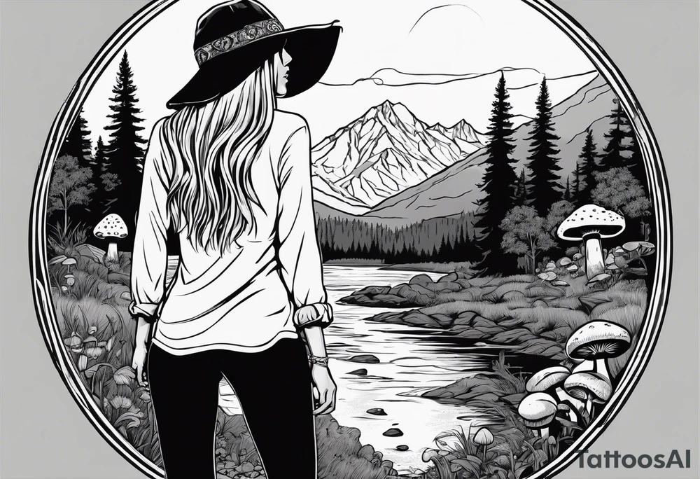 Whole picture encircled fully

Straight long blonde hair hippie girl in distance holding mushrooms in hand facing away toward mountains and creek surrounded by mushrooms long sleeve shirt and hiking pants; whole rendering within a full circle, no cut off circle tattoo idea