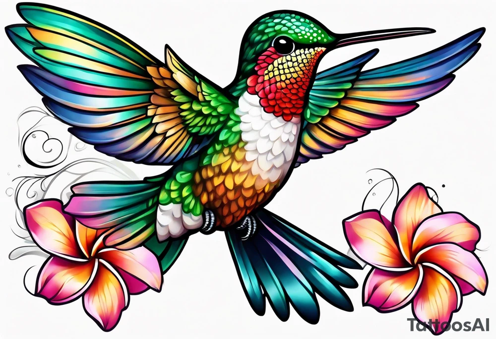 Hummingbird with a plumeria masculine style colorful tattoo idea