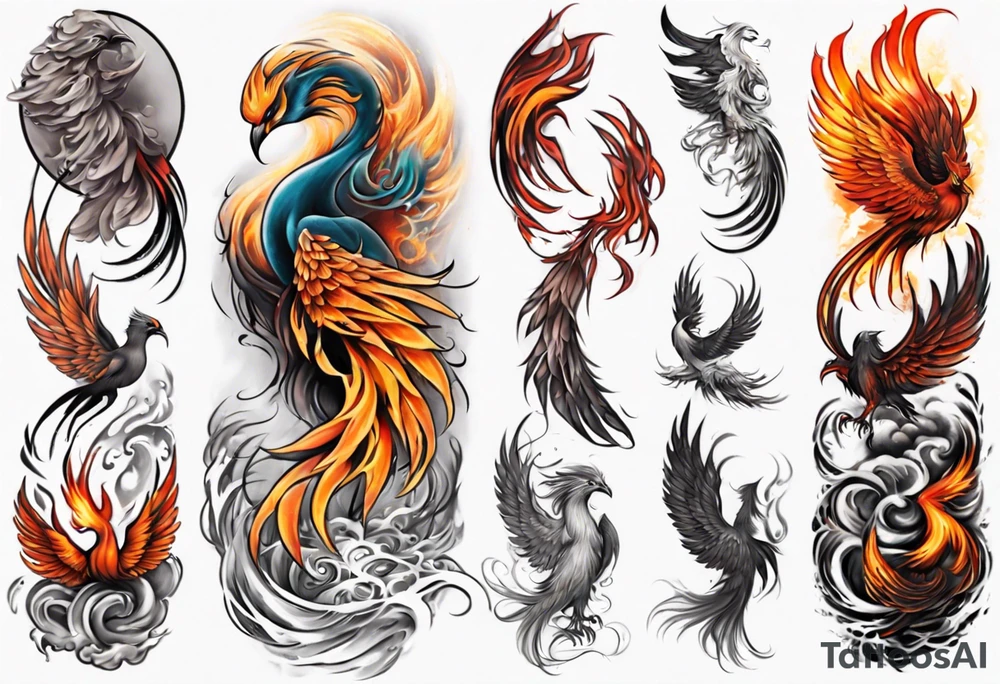 Sleeve tattoo on a woman's arm. Phoenix tattoo idea