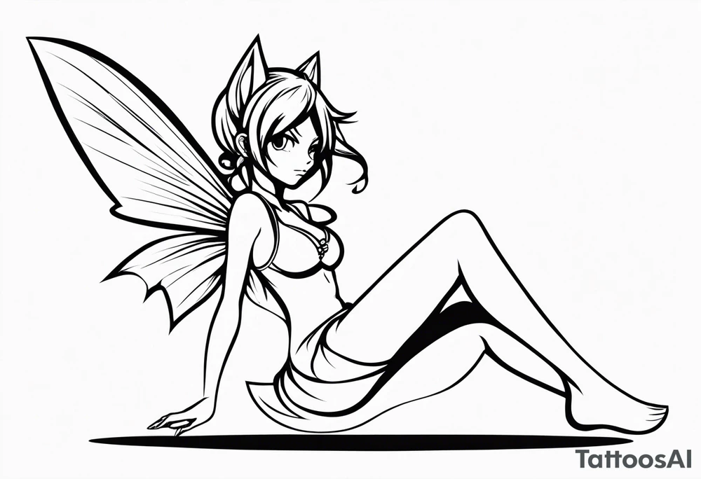 No color fairy with a tail inspired by the logo of the anime show called Fairy Tail in a fetal position leaning in and forward in the air flying tattoo idea