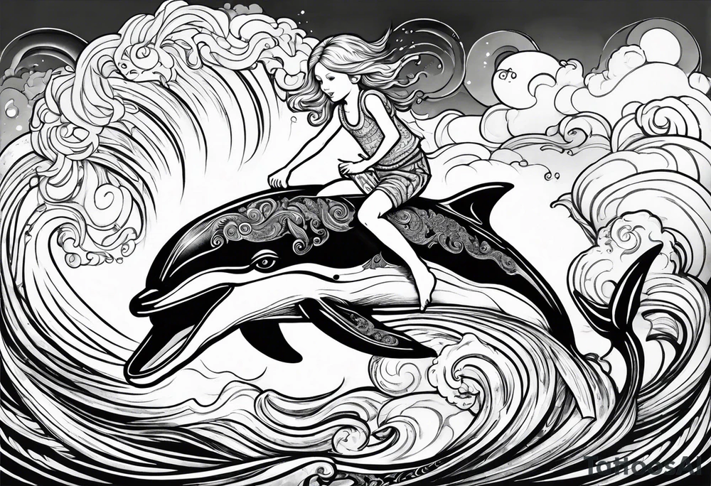 Young boy riding a dolphin in ocean with blond mermaid tattoo idea