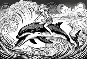 Young boy riding a dolphin in ocean with blond mermaid tattoo idea