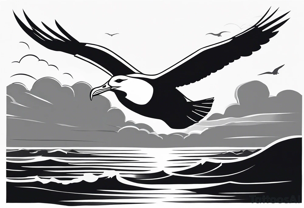 A black and white illustration of a silhouette of an albatross in flight against a stormy sky. The albatross is a large seabird with a wingspan of up to 11 feet. It is known for its ability to fly long distances over open water. The stormy sky has dark clouds and lightning. The background is the ocean. tattoo idea