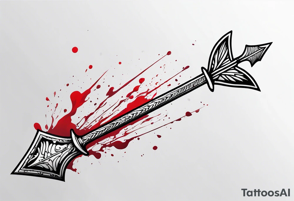 an arrow with only one drip of blood on the tip of it simple line art tattoo idea