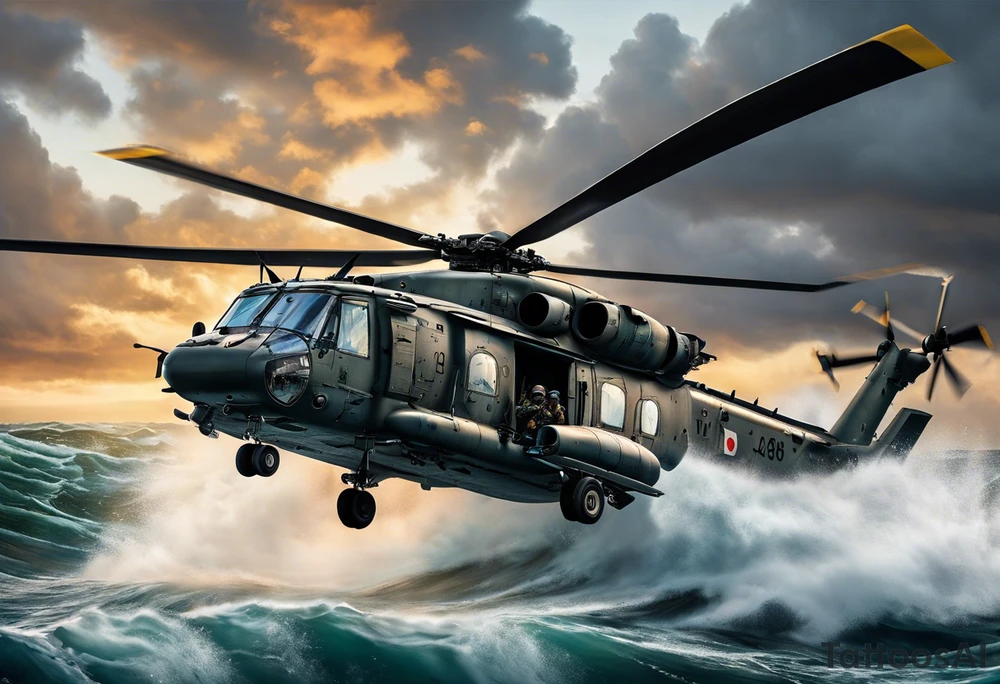 A cinematic-style tattoo depicting a Canadian military CH-148 Cyclone helicopter performing a daring maneuver over a turbulent ocean. The sky should be filled with dramatic clouds, and the sun should be setting, casting long shadows. The helicopter should be the main focus, with intricate details and a sense of motion tattoo idea