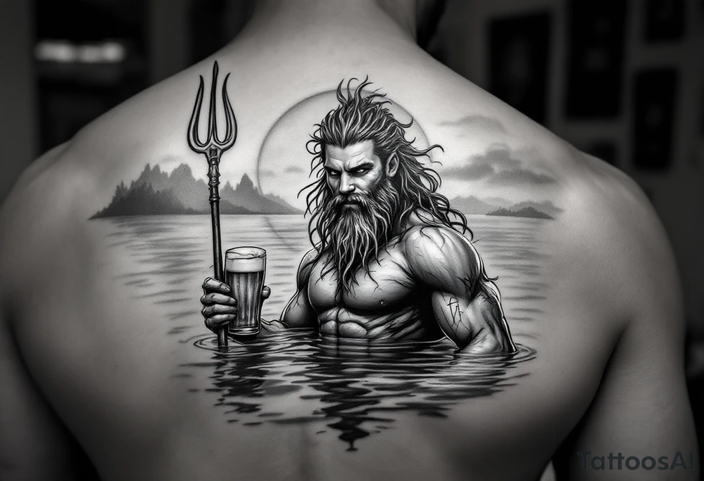 young, happy, fit poseidon in calm water, holding a trident, drinking a beer, with sunset, with ski boat tattoo idea