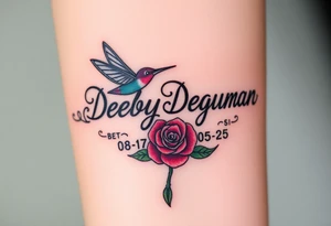 Bold curly Cursive name Debby Deguzman surrounded by a hummingbird a rose and these dates 08/17/61 - 05/29/25 tattoo idea