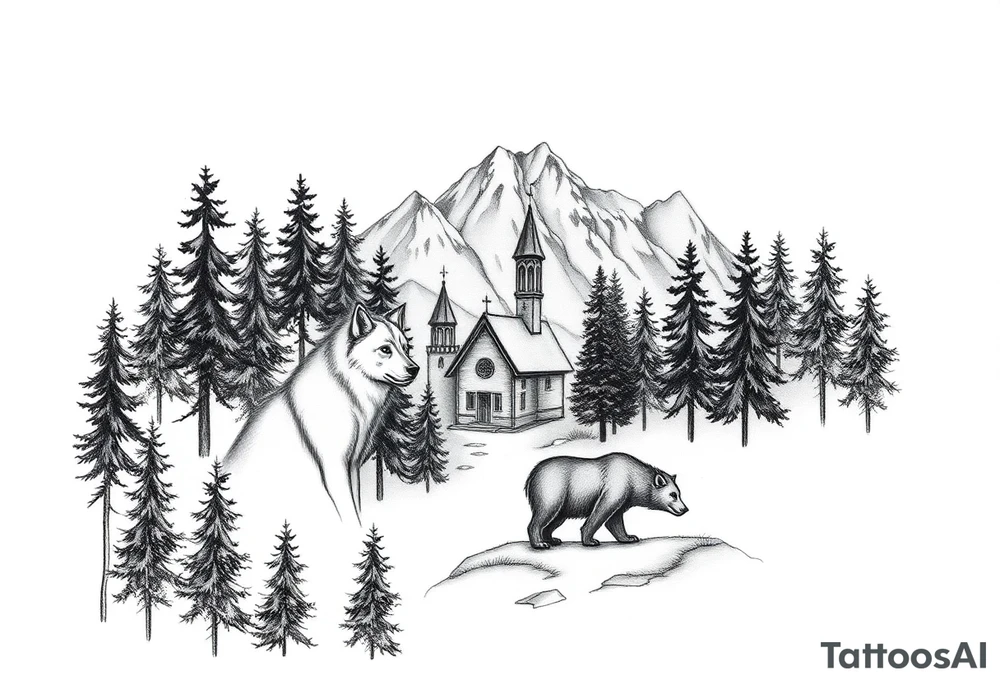 Nature/Landscape

Wolves in a pine forest (extending the tree line you already have)
A Russian bear emerging from the treeline
Snow-capped mountains behind the church scene tattoo idea