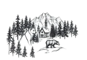 Nature/Landscape

Wolves in a pine forest (extending the tree line you already have)
A Russian bear emerging from the treeline
Snow-capped mountains behind the church scene tattoo idea