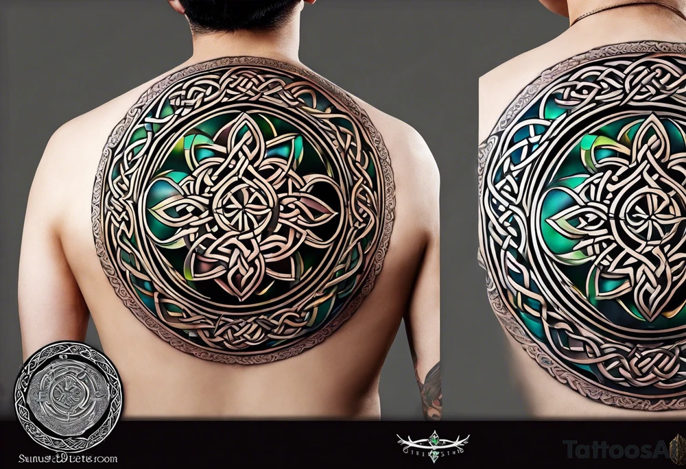 Small circular 3d colored shoulder Celtic tattoo tattoo idea