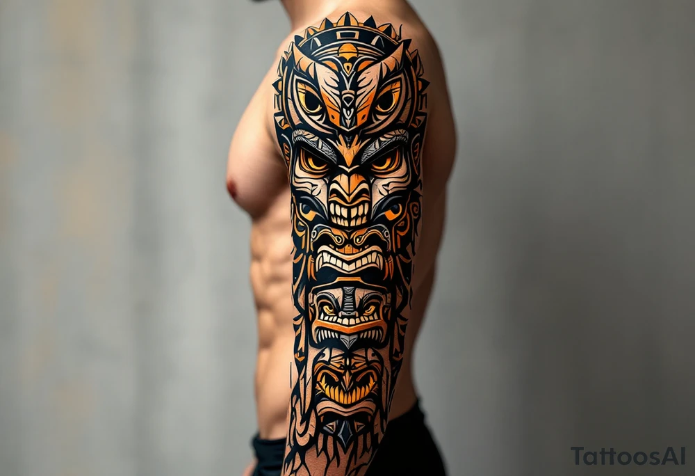 A black and brown totem pole with stacked animal faces carved into bark-like texture. tattoo idea