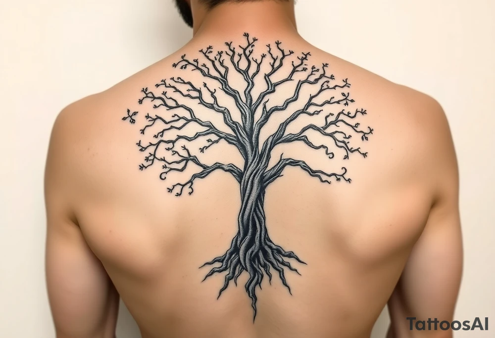 mystical tree of life with cosmic roots and celestial branches tattoo idea
